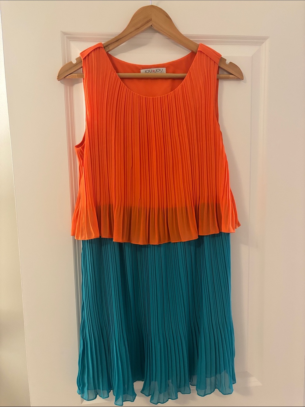JOY JOY Pleated Orange and Teal Two-Tone Dress